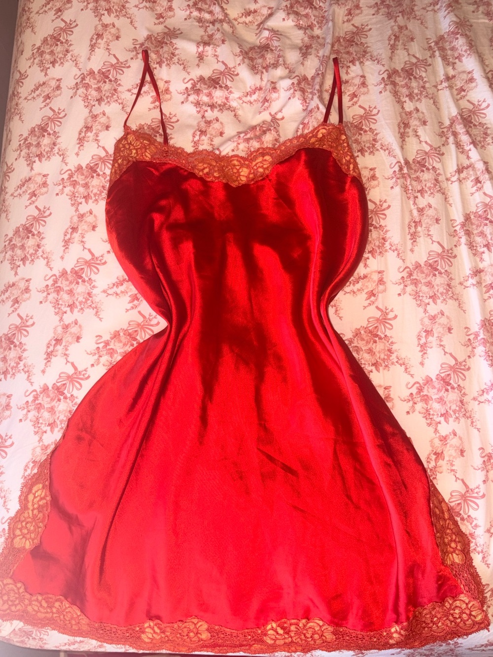 Victoria's Secret Red Satin Lace-Trim Chemise